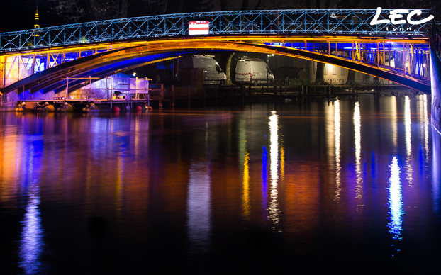 <p>La sous face du pont est mise en lumière avec 12 projecteurs linéaires 5633-Arches en ambre et sa partie centrale est éclairée par 6 projecteurs 5633-Arches en bleu. Différentes optiques sont utilisées.</p>
