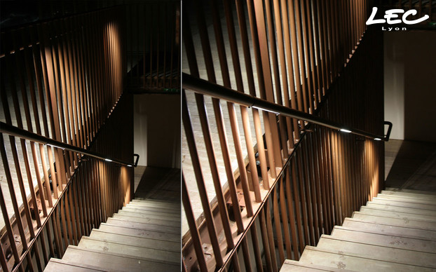 <p>Les projecteurs linéaires 5640-School-light sont encastrés dans la main courante de l'escalier "Pergola des Ombres" et sur la Passerelle Saint-Laurent.</p>
