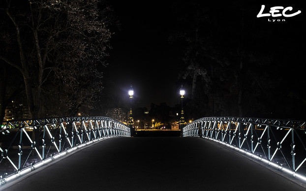 <p>Le garde-corps est éclairé avec deux lignes de 22 m de linéaire 5620-Brunei, , avec 160 diodes par mètre, en blanc 4000°K le long du pont de chaque côté soit 44 m.</p>
