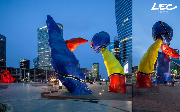 <p><strong>Personnages Fantastiques</strong> de Joan Miró (1978)</p>

<p>6 projecteurs orientables 5716-Allevard, en 7 LED 3W blanc neutre, optiques 6°, 10°, 36° et L4 sont encastrés au sol autour des personnages.</p>
