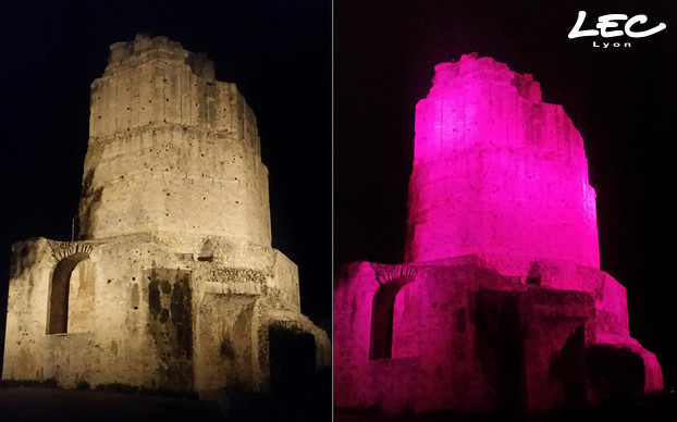 <p>La Tour Magne, haute de 32.50 m, est illuminée par 10 projecteurs 4060-Luminy 6, installés sur des mâts tout autour de la Tour, en 36 LED 3W blanc chaud 2700K proposant différentes optiques.</p>

<p>Les projecteurs sont tous pilotables par protocole DMX, même en 2700K.</p>
