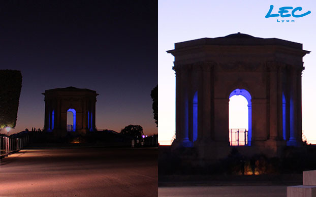 <p>Le château d'eau est éclairé grâce à 3 <strong>Corsica bleu 4660</strong> pour assurer la mise en valeur de l'intérieur de l'édifice.</p>
